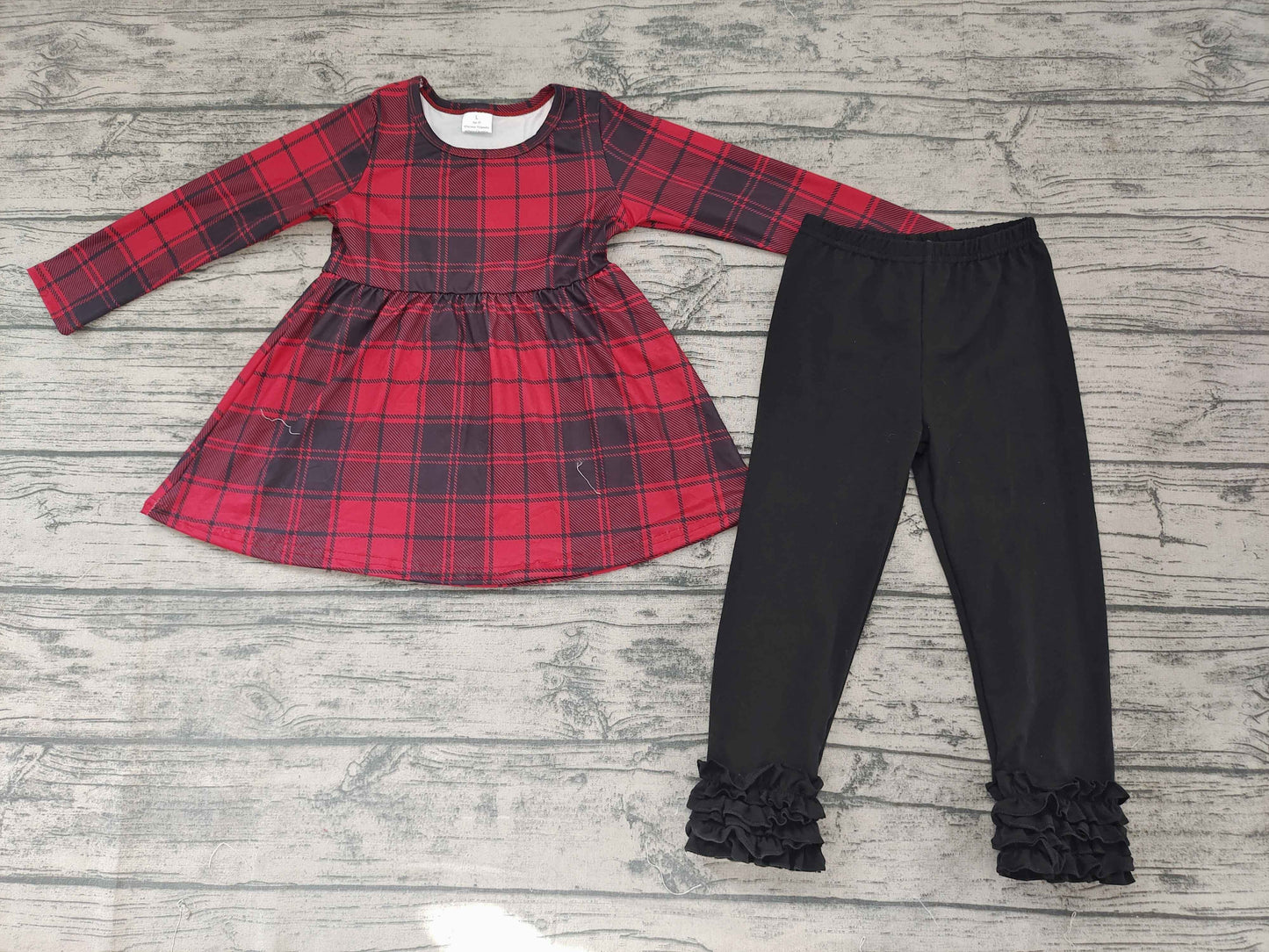 girls outfit long sleeve and long pants black and red print