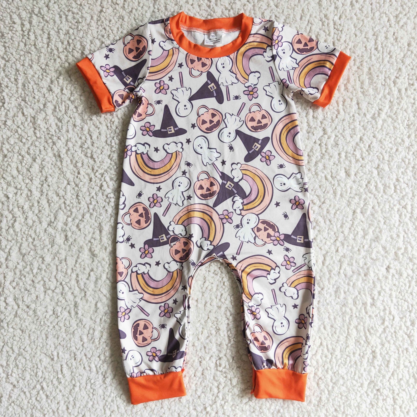 SR0085 Newbourn baby halloween romper pumpkin print short sleeve long pants milk silk