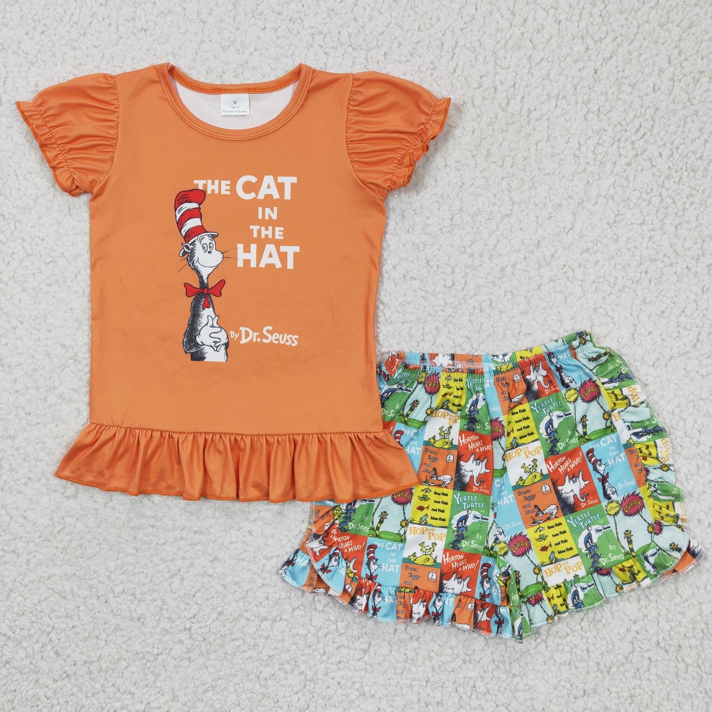 RTS NO MOQ ETA 5/7days arrived A6-16 DR SEUSS Orange Short Sleeve Top Printed Shorts Set milk silk