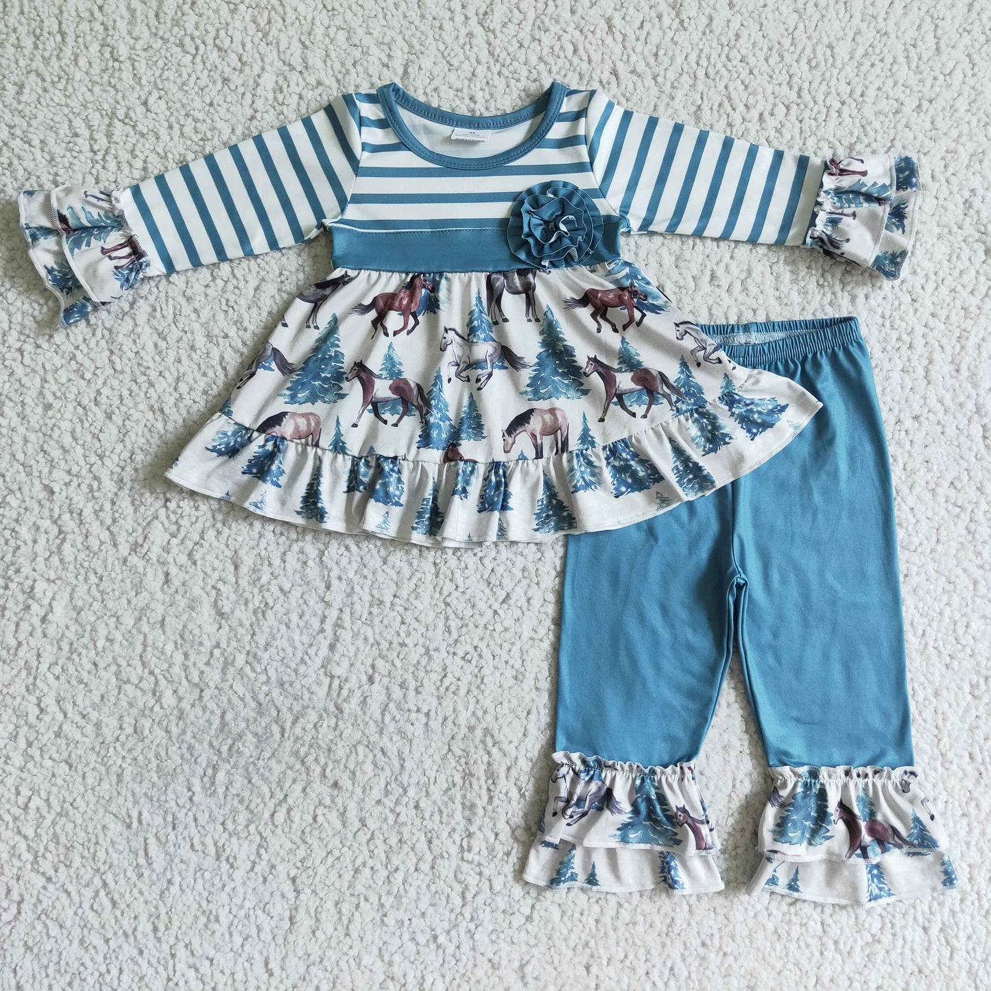 RTS NO MOQ GLP0019 girls clothing long sleeve long pants baby girl outfit milk silk horse print