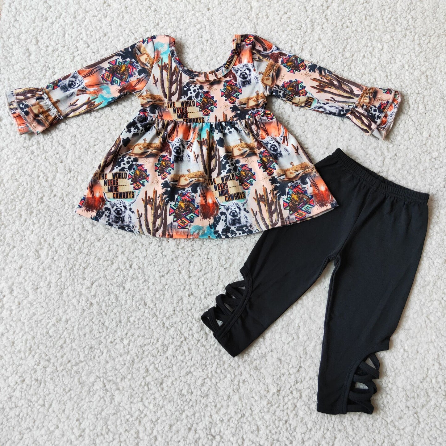 cows cactus pattern dress top long sleeve pants set