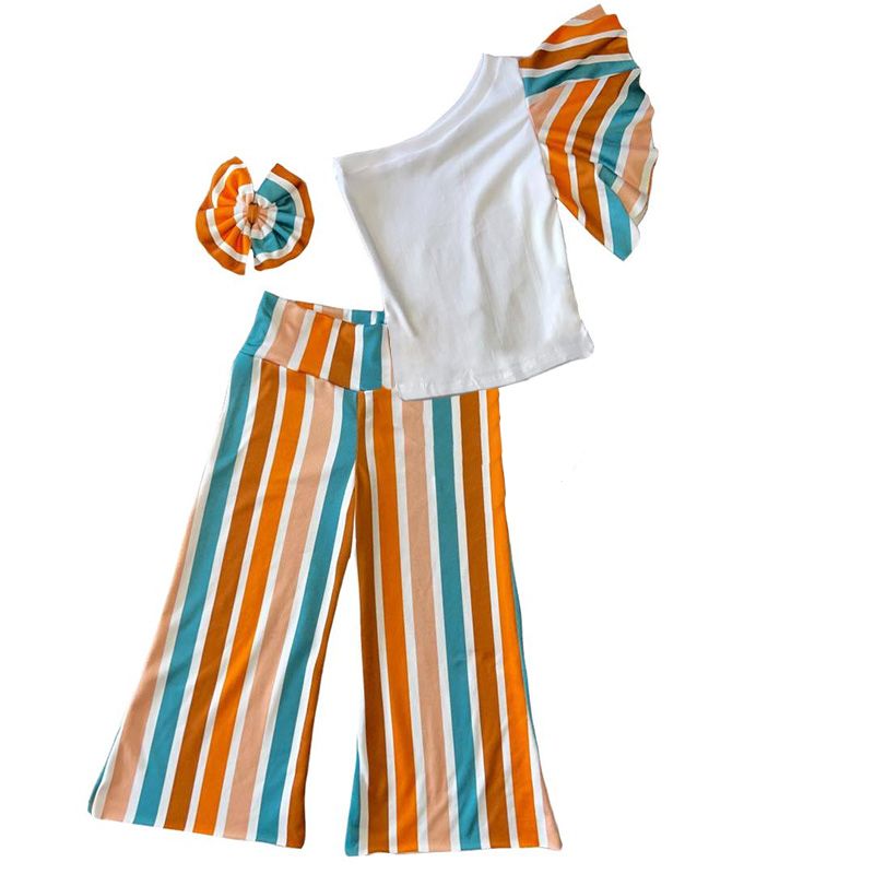 Girls Colorful Striped Single Sleeve Trousers Set