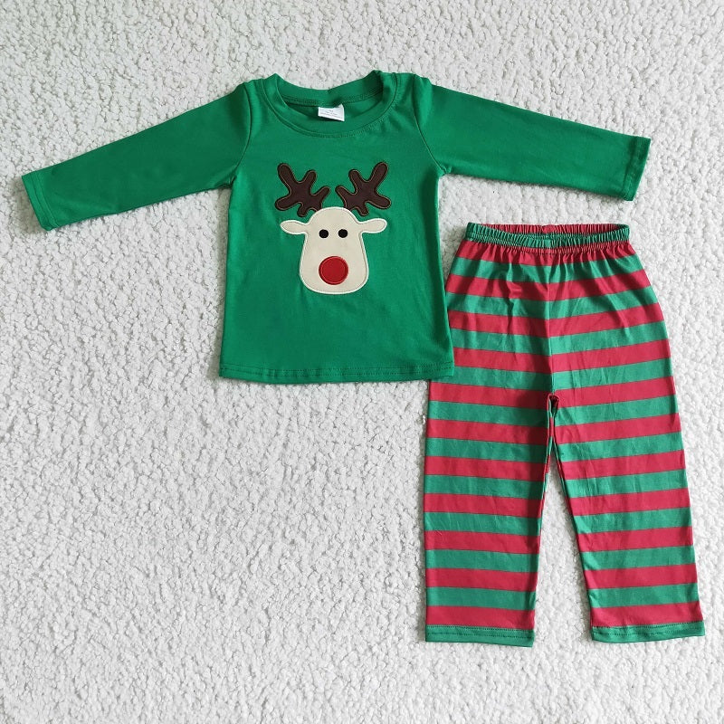 Christmas embroidery deer green long sleeve pants set