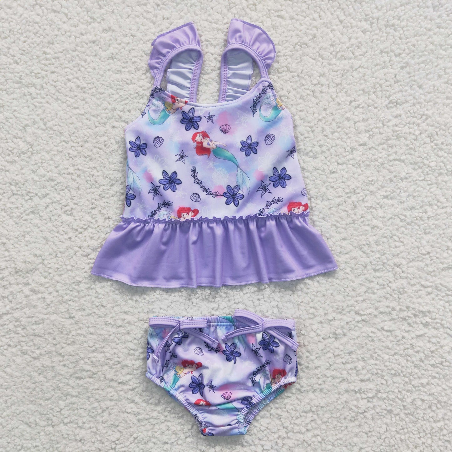 S0037 Cute Clothes Girls Purple Flower Swimsuit Set