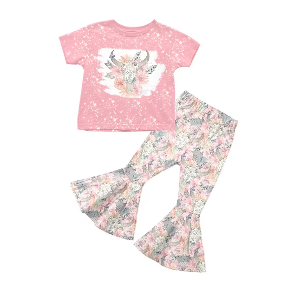 Girls Pink Bull Tau Flower Short Sleeve Trousers Suit