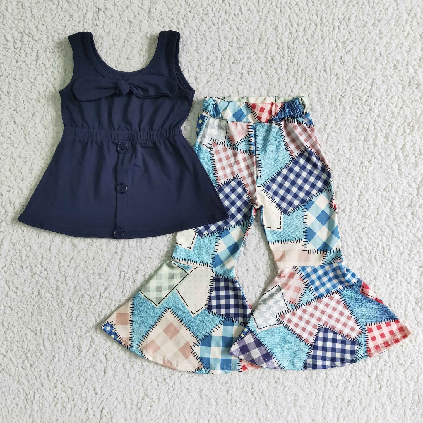 D9-30 Sleeveless Top Checkered Stripe Patch Flare Pants