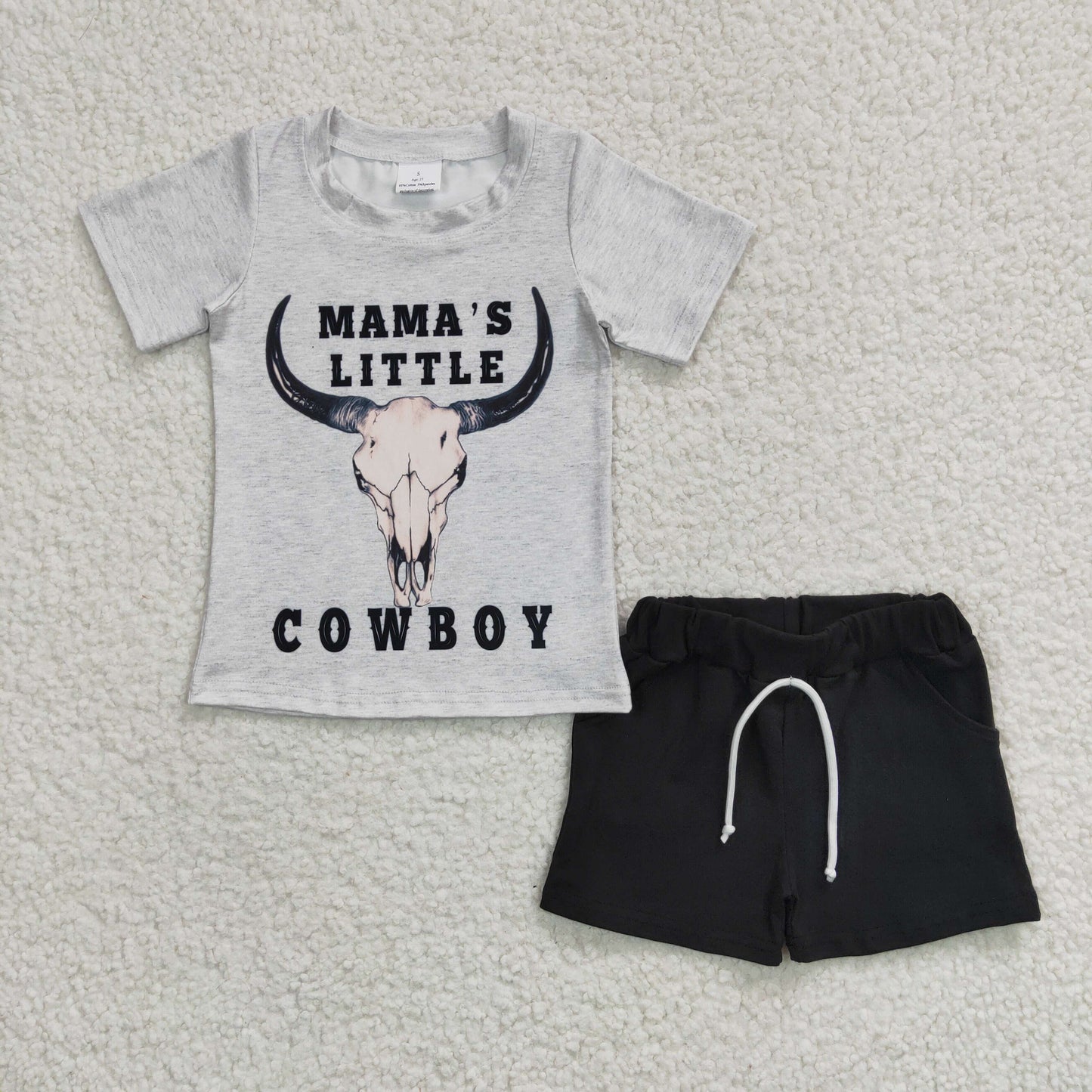 RTS NO MOQ(In Stock) Boys mamas little bull head short sleeve black shorts set