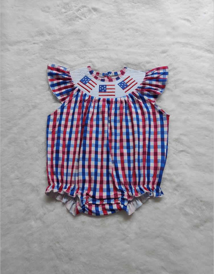 smocked embroidered National Day checkerboard flying sleeve jumpsuit