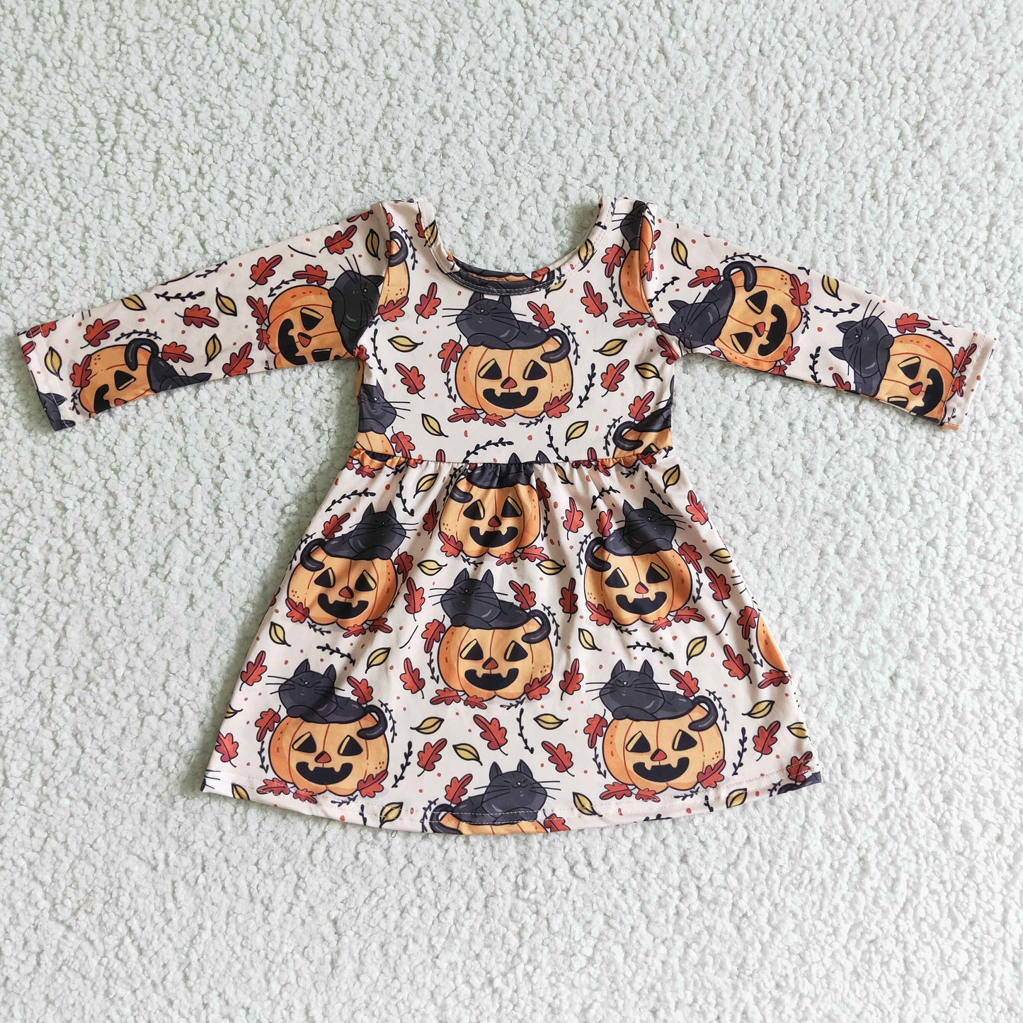 RTS NO MOQ(In Stock ) GLD0065 baby clothing long sleeve pumpkin print Halloween kids dresses for girls milk silk