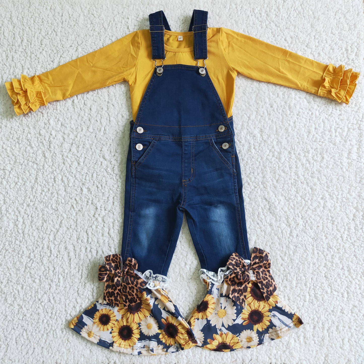 6 C6-26+P0028 girls clothes sunflowers print plaid suspender jeans