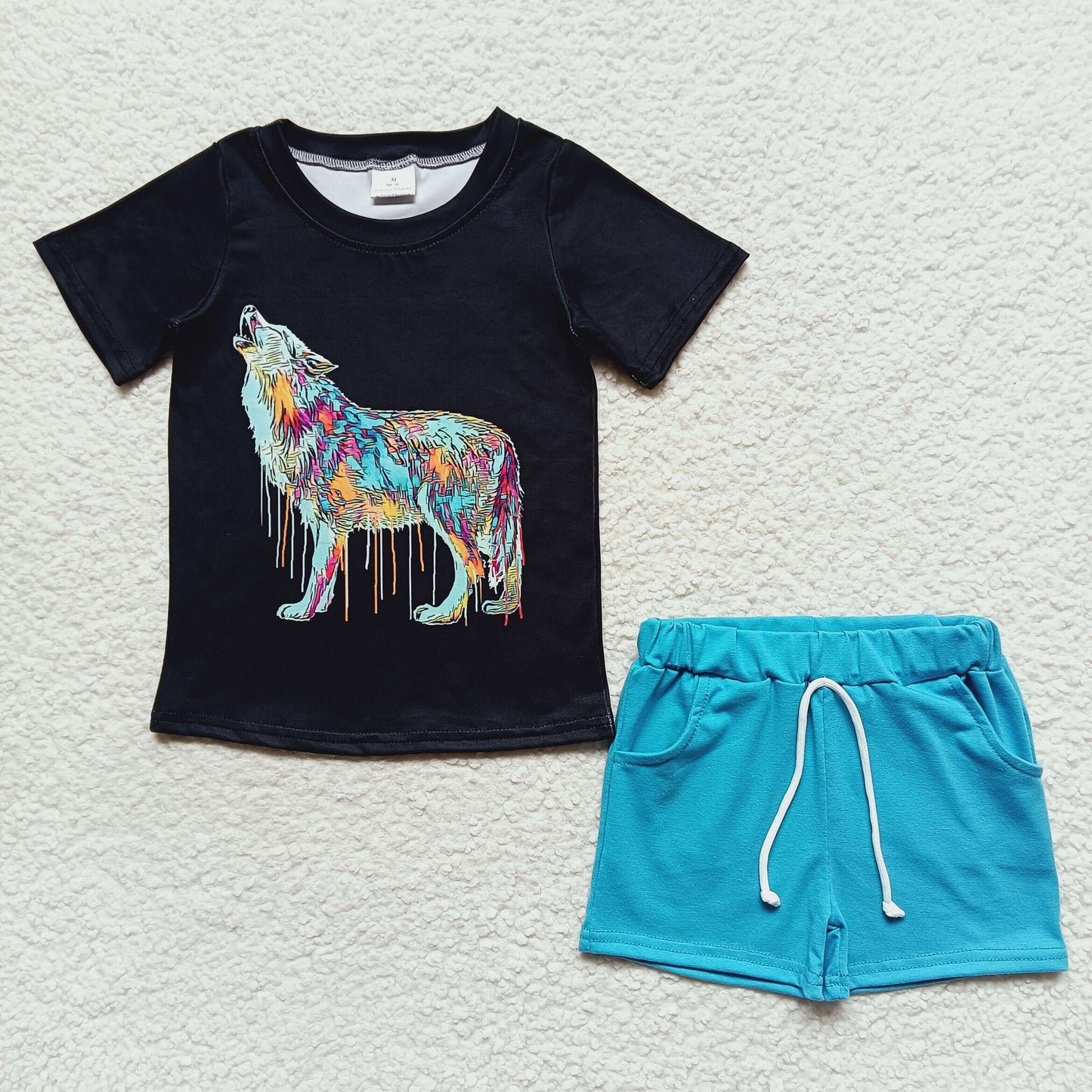 RTS NO MOQ BSSO0219 Boy Wolf Black Short Sleeve Blue Shorts Set