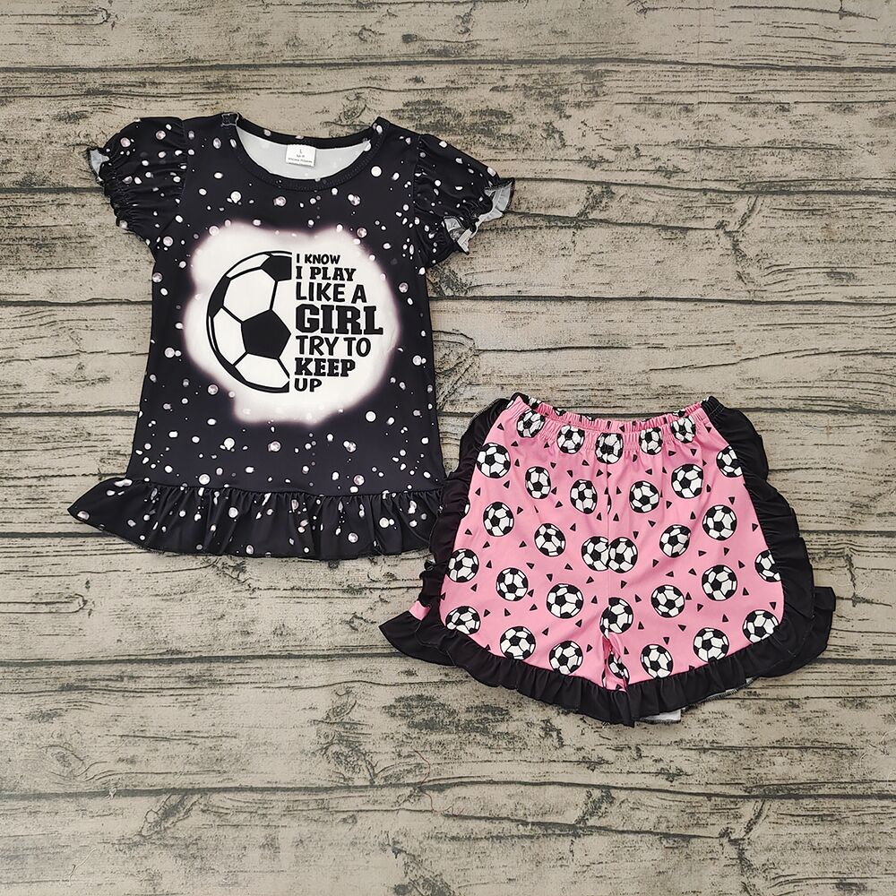 GIRL Soccer Black Short Sleeve Pink Shorts Set