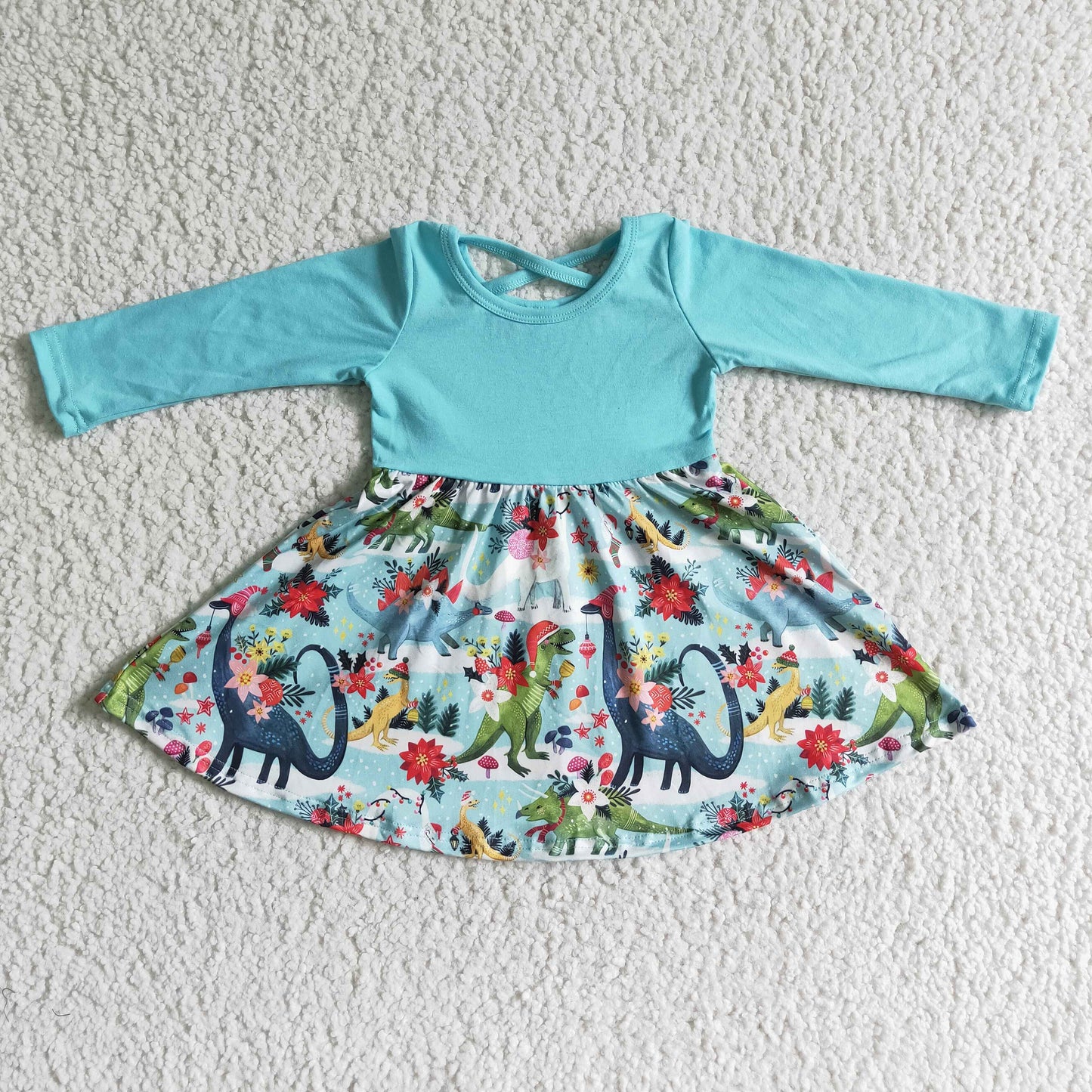 rts no moq GLD0006 Christmas Dinosaur Flower Blue Long Sleeve Dress