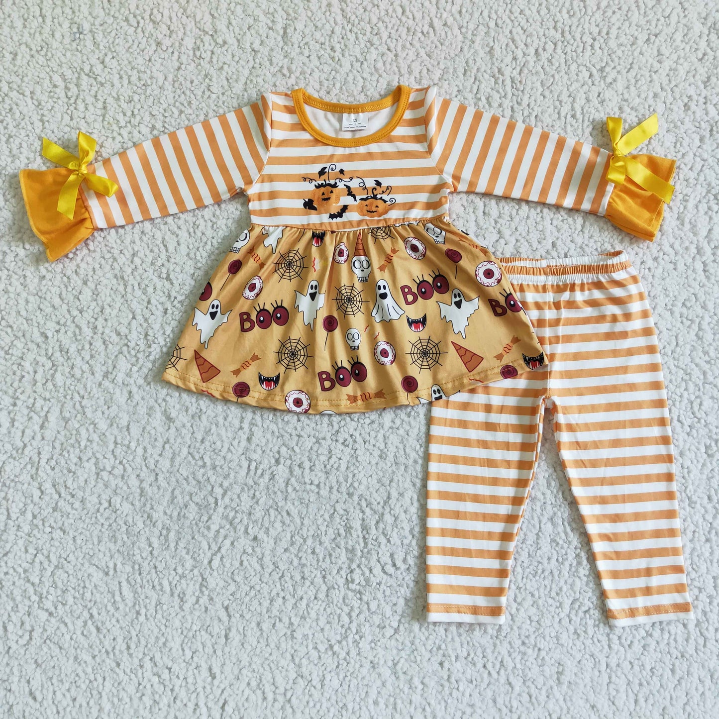 RTS NO MOQ ETA 5/7days GLP0045 Girls BOO Ghost Stripe Bow Long Sleeve Pants Set