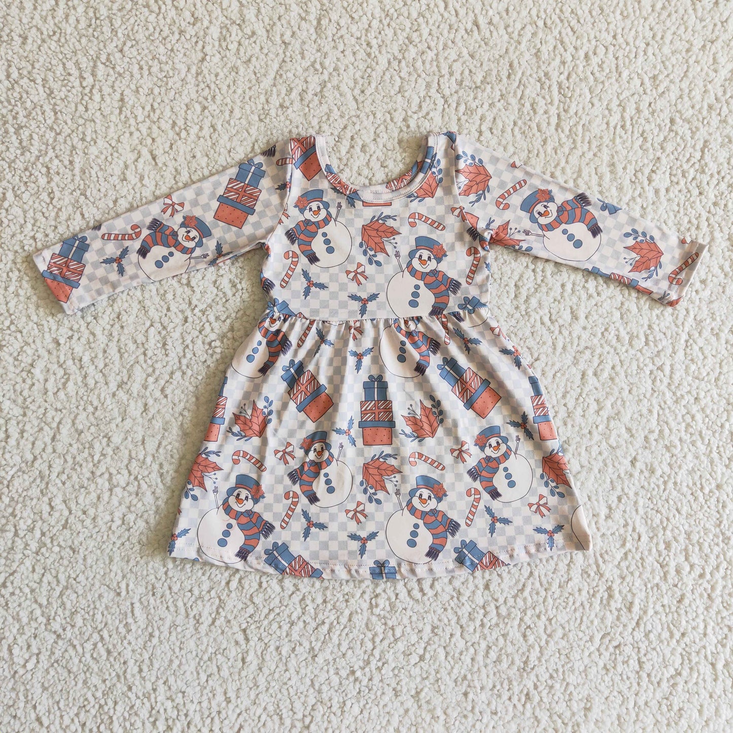 GLD0150 baby clothing long sleeve snowman print kids dresses for girls milk silk