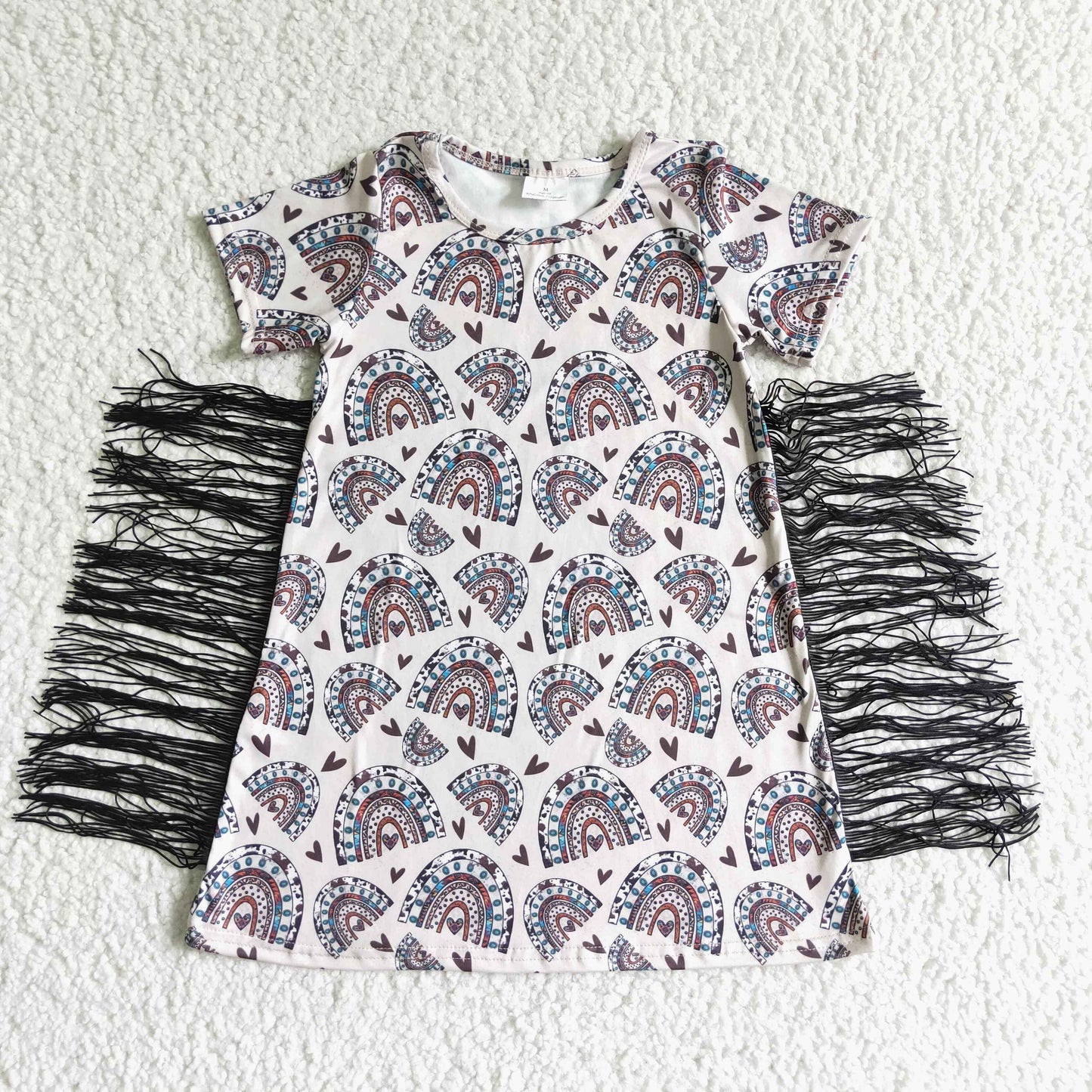 RTS NO MOQ ETA 5/7days arrived GSD0101 Leopard Print Rainbow Heart Fringe Short Sleeve Dress