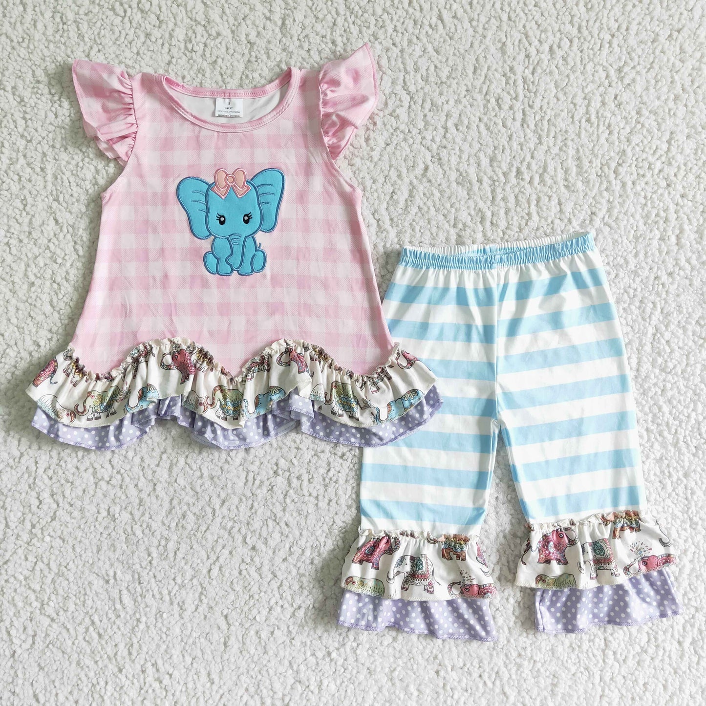 GSPO0104 Girls Pink Embroidered Elephant Flying Sleeves Blue Striped Cropped Pants Suit