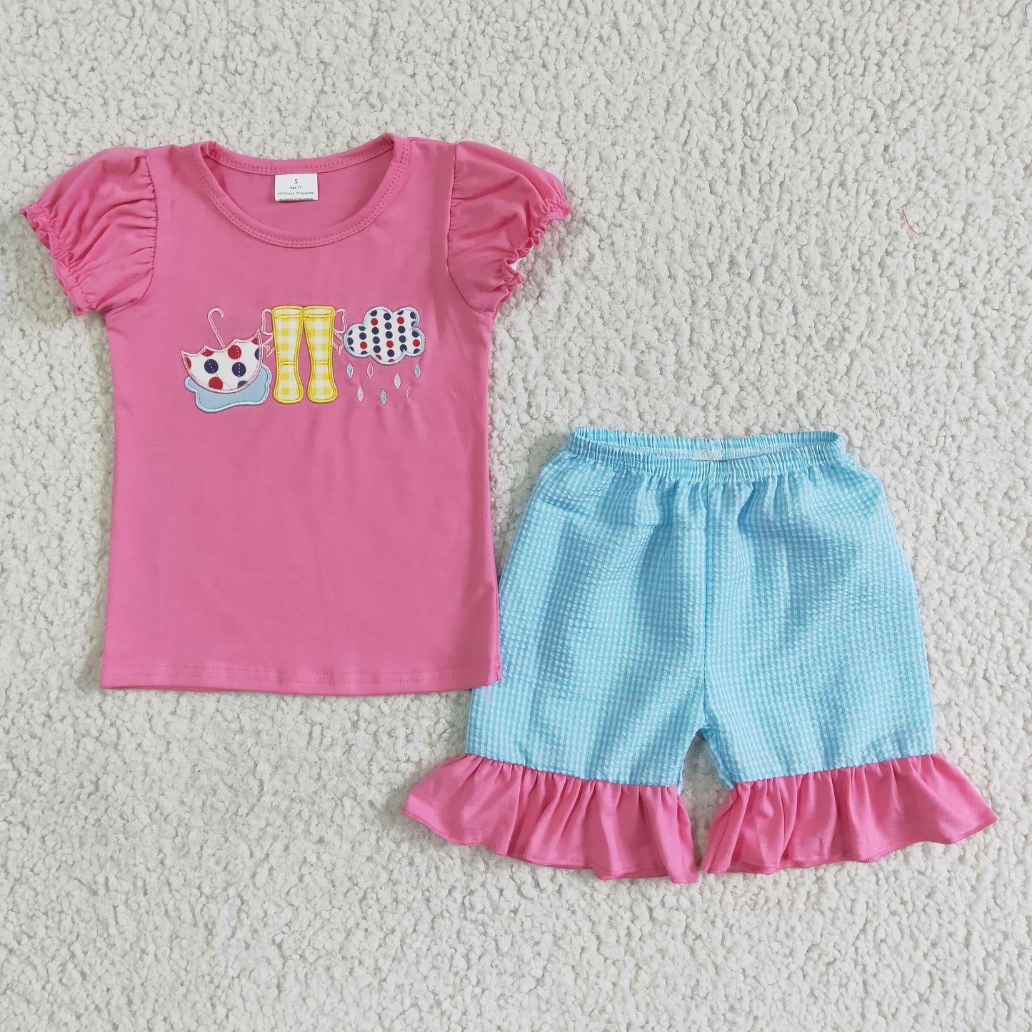RTS NO MOQ ETA 5/7days arrived GSSO0123 Embroidered Umbrella Rain Boots Pink Short Sleeve Shorts Set