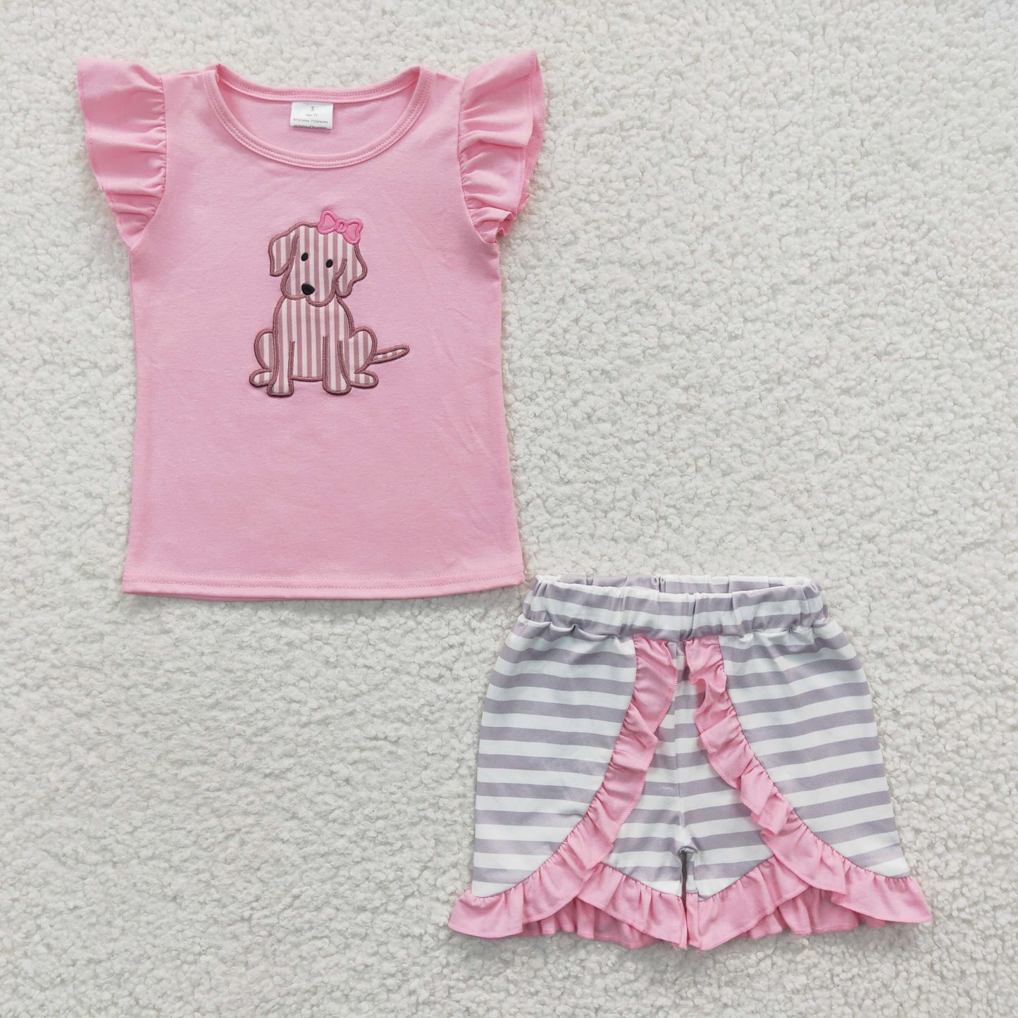 GSSO0223 Girls Embroidered Puppy Pink Flying Sleeve Shorts Set