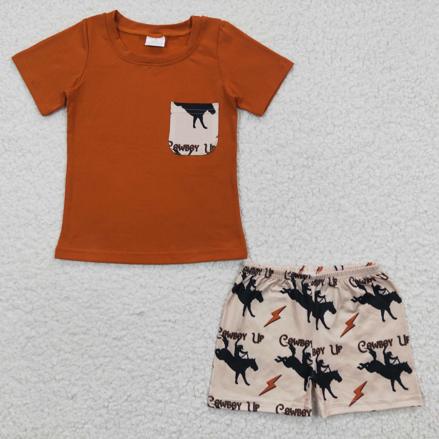 RTS NO MOQ(In Stock)BSSO0162 Boys cowboy riding brown pocket short-sleeved shorts suit