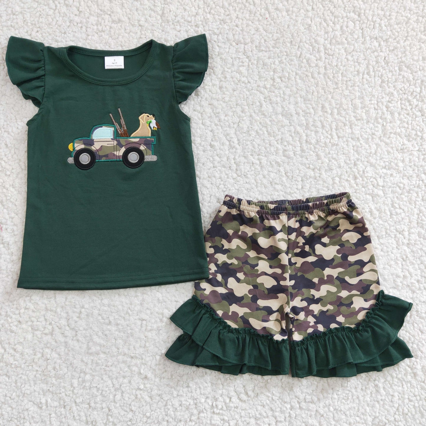 GSSO0145 Girls Embroidered Camouflage Car Dog Green Fly Sleeve Shorts Set