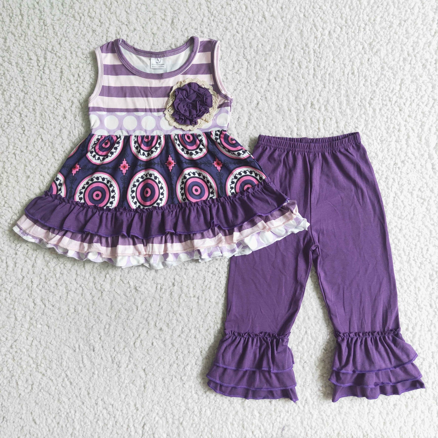 C2-5 Girls purple Sleeveless Top with flower Print long Pants Spring and fall