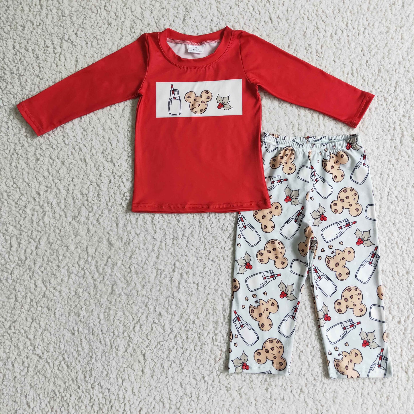 BLP0123 Toddler Boys Cute Milk Cookie Glass Of Milk Print Crew Neck Long Sleeve Top Pants Two Piece Winter Christmas Holiday Outfit Set
