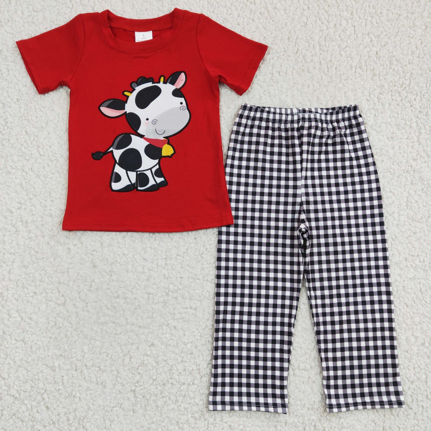 RTS NO MOQ(In Stock)BSPO0057 Boys Embroidered Cow Red Short Sleeve Check Pants Set