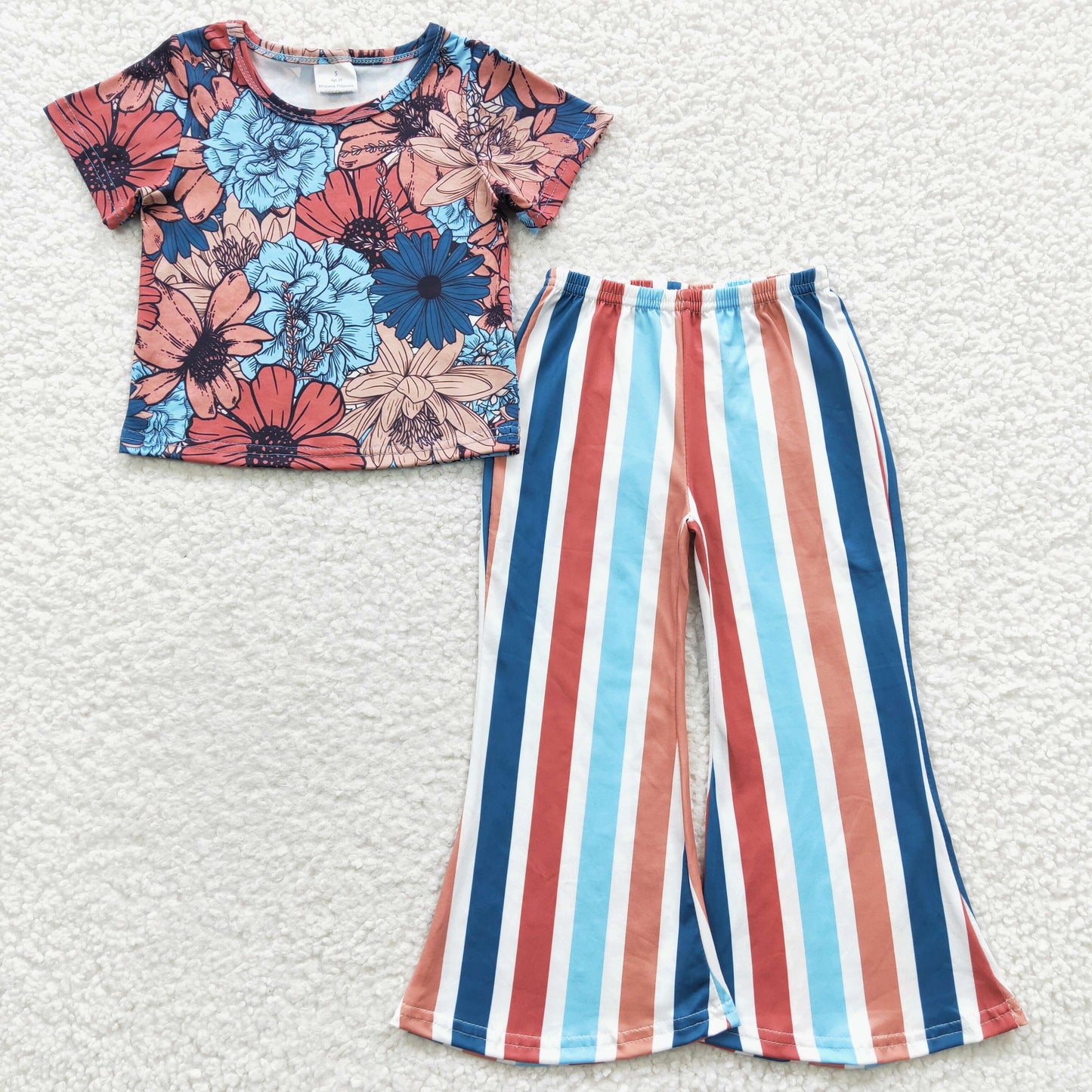 GSPO0578Girls Blue Flower Short Sleeve Color Striped Trouser Set