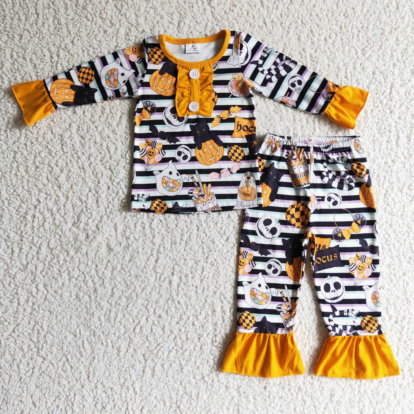 RTS NO MOQ(In Stock) GLP0238 girl halloween long sleeve trousers pajamas pumpkin print
