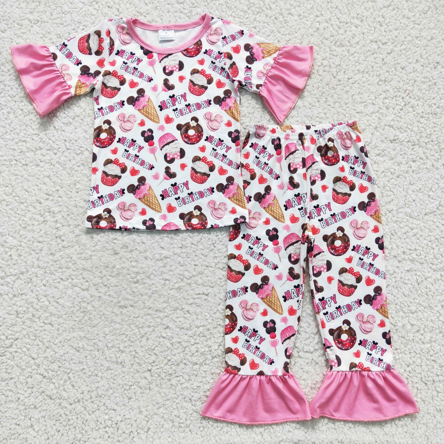 Cute Clothes GSPO0306 Kids Clothing Girls Short Sleeve Top And Long Pants Pajamas Happy Birthday Print