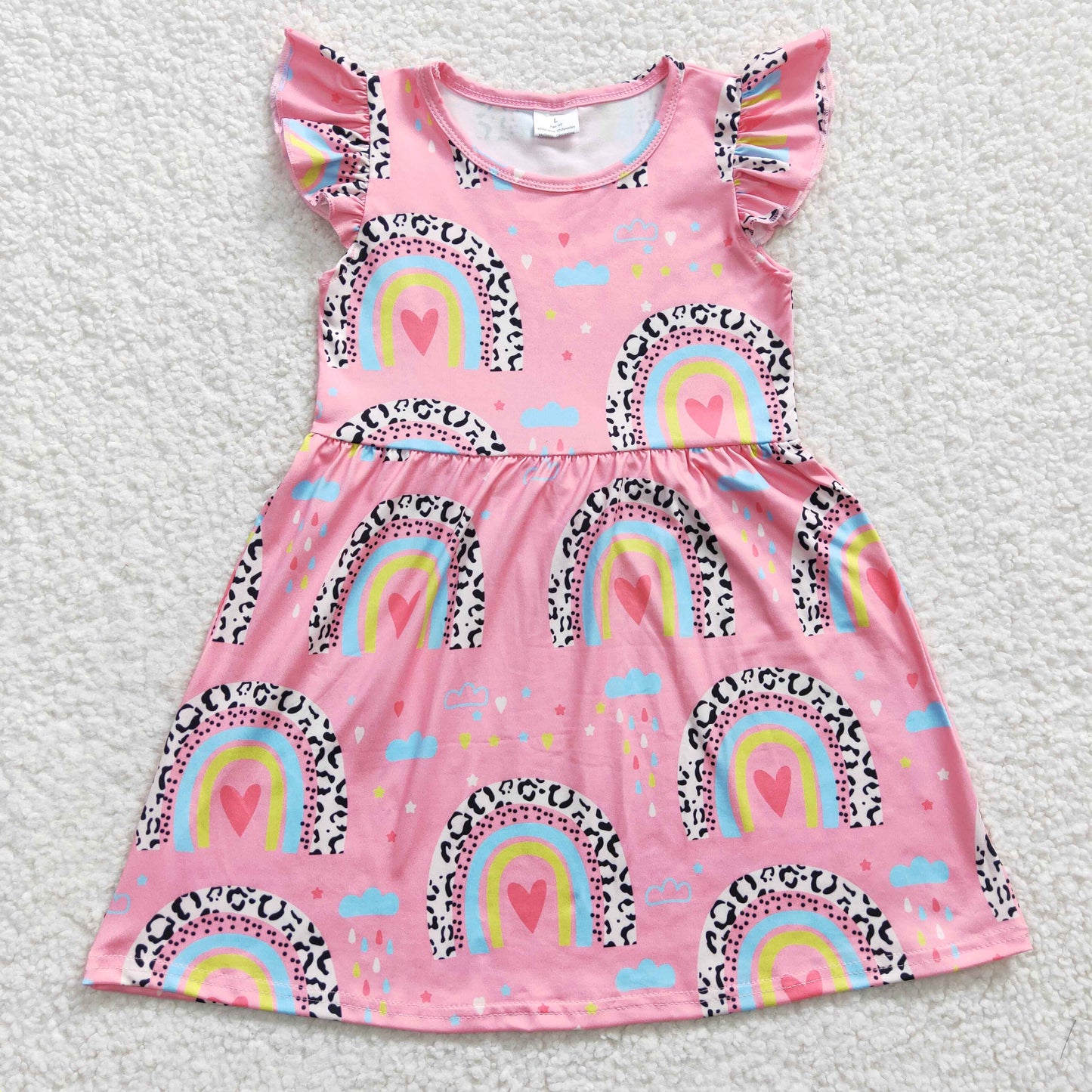 RTS NO MOQ GSD0248 Girls Love Rainbow Pink Flying Sleeve Dress