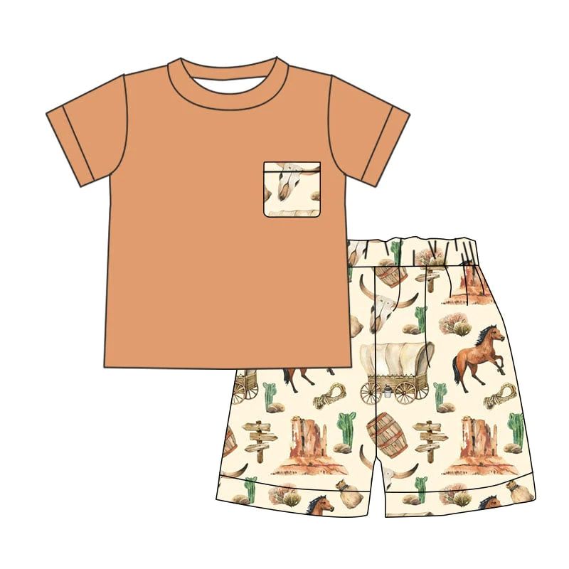 Boys Horse Tau Cactus Pocket Short Sleeve Shorts Set