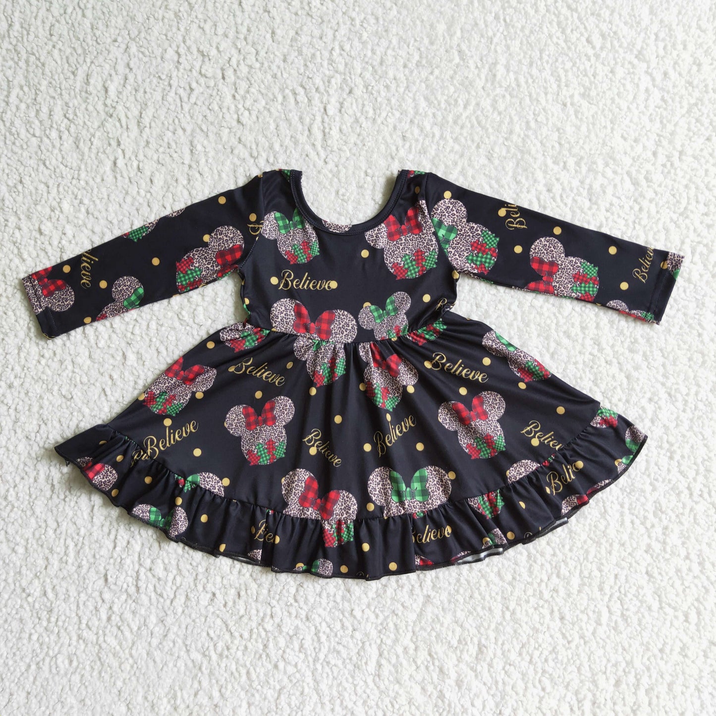 RTS NO MOQ ETA 5/7days GLD0001 baby christmas clothing long sleeve leopard print kids dresses for girls milk silk