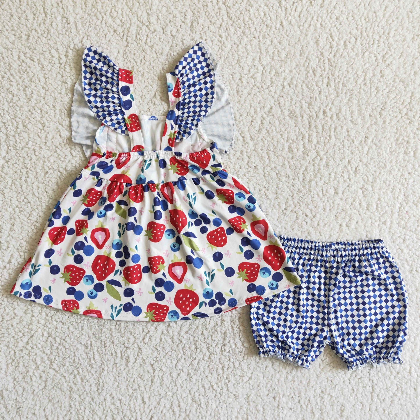 Blue Mesh Strawberry Fly-Sleeve Shorts Set