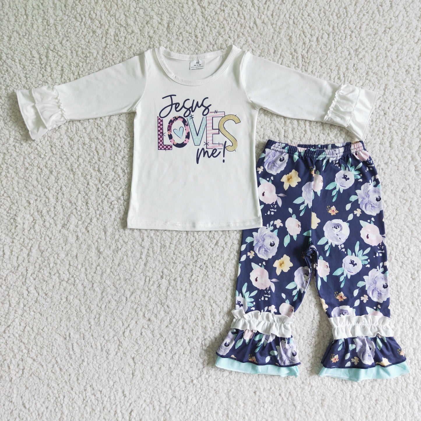 RTS NO MOQ(In Stock ) 2 pcs long sleeve top with bell bottom pants girl's outfits