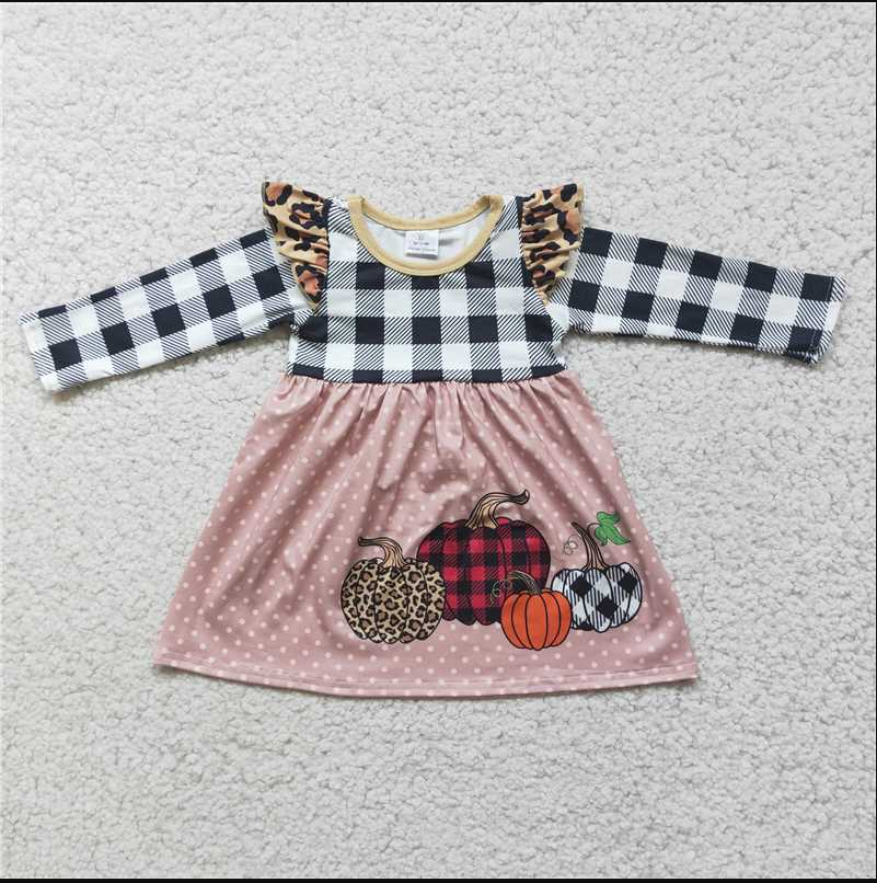 RTS NO MOQ 6 A14-18 baby clothing long sleeve pumpkin print Halloween kids dresses for girls milk silk