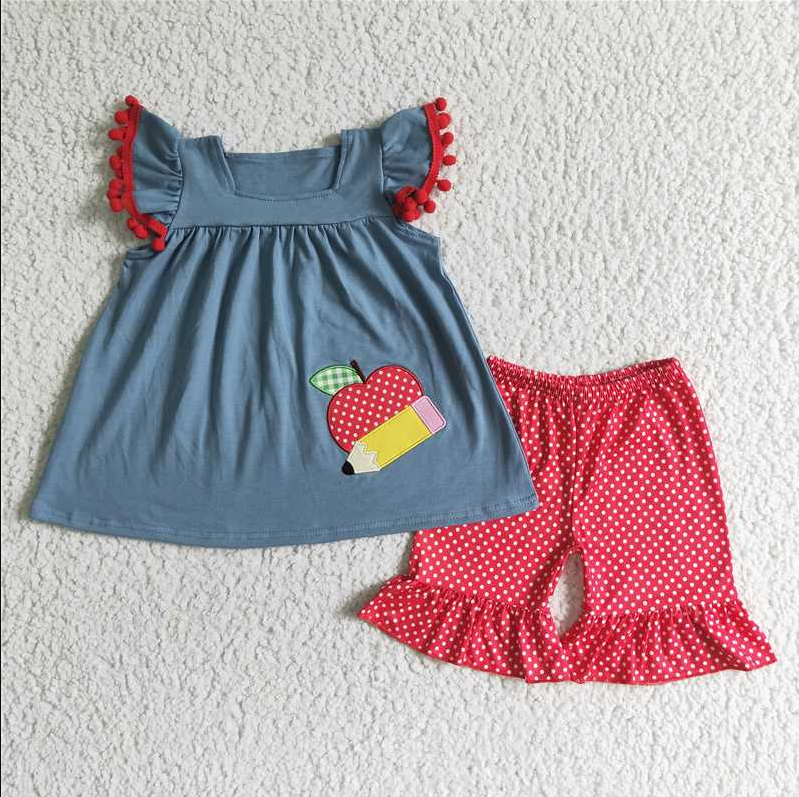 GSSO0120 summer suit Girls Pencil Pattern Embroidered Short Sleeve Top with pant