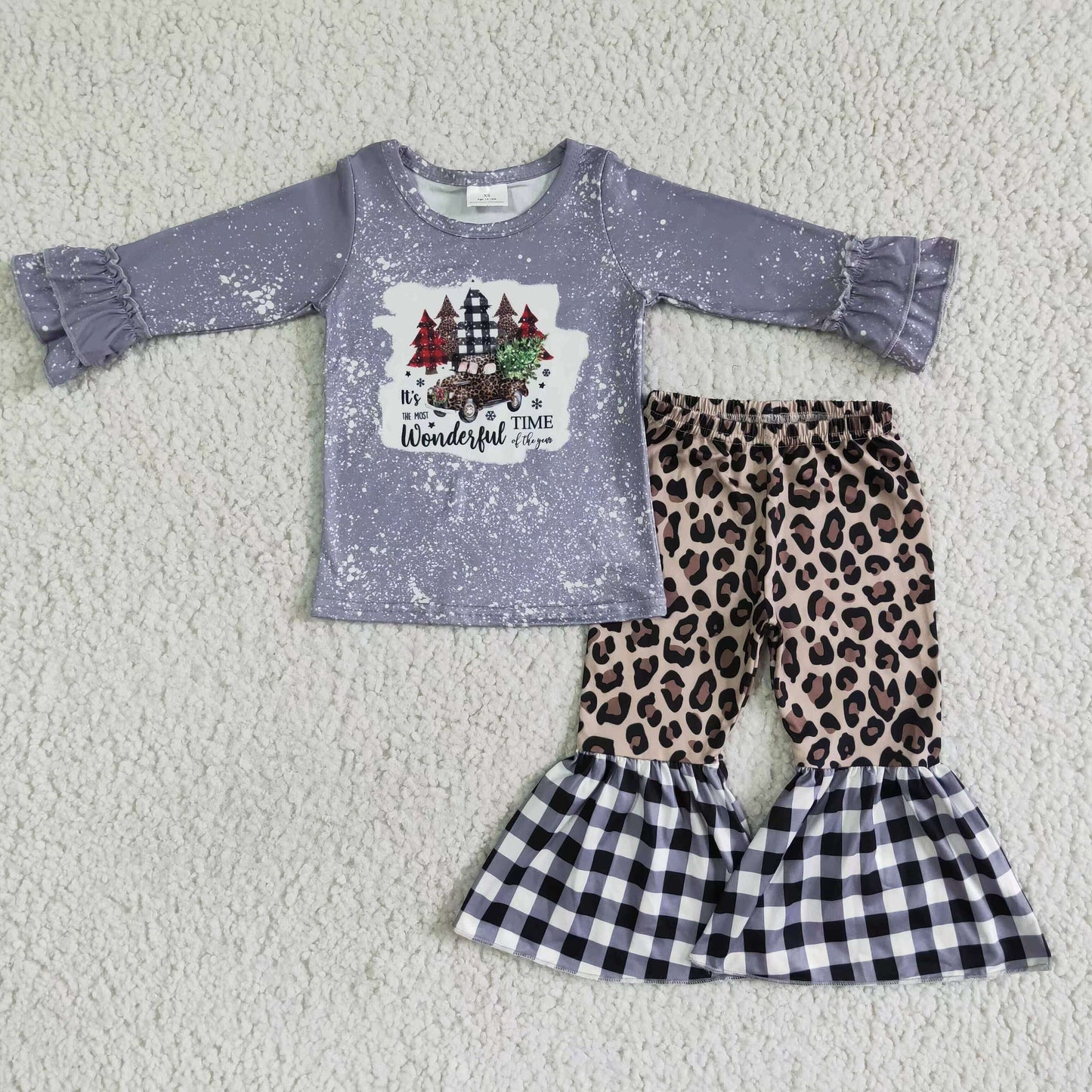 6A3-5 kids clothing Girls Christmas Long Sleeve Top with Leopard pants Santa Claus