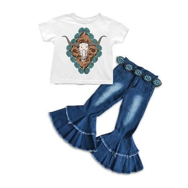 Girls short sleeve top + jeans pants+ belt