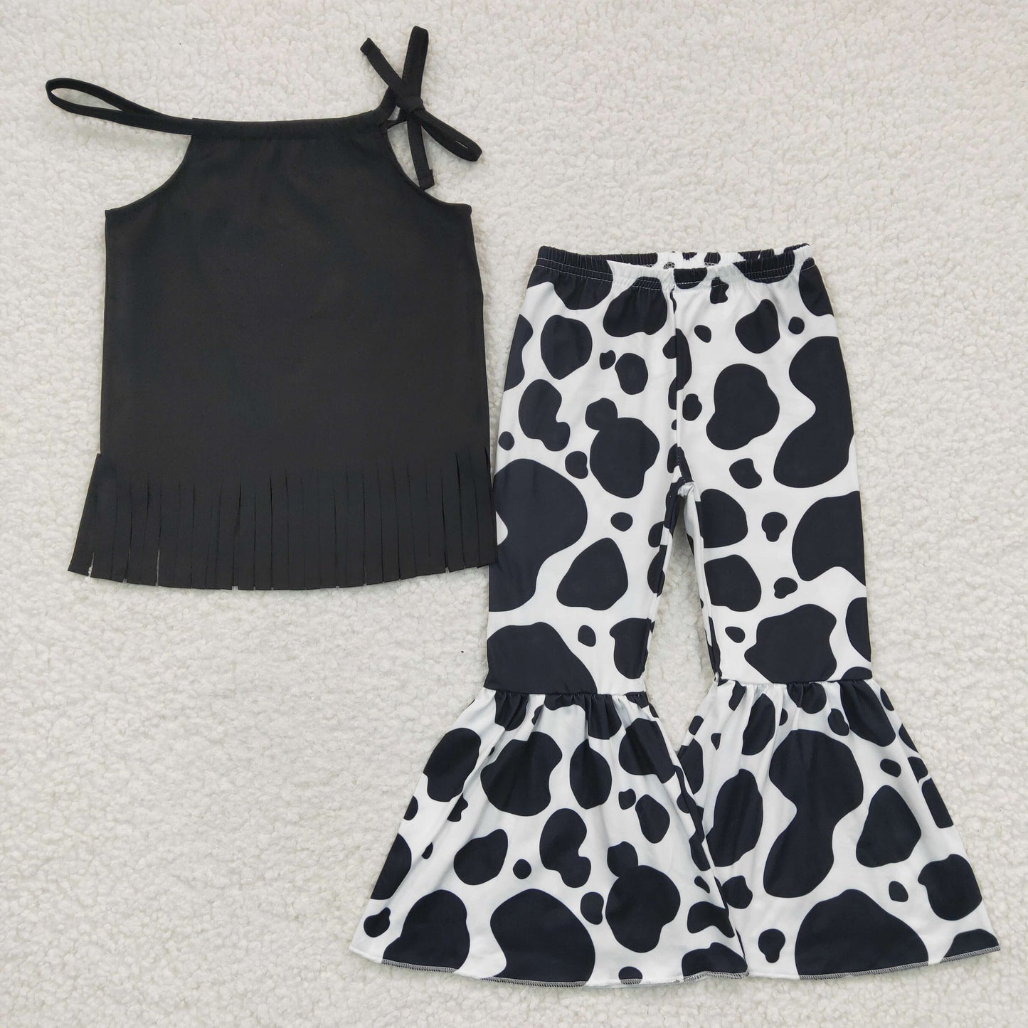 Girls Black Tassel Halter Top With Cow Print Trousers