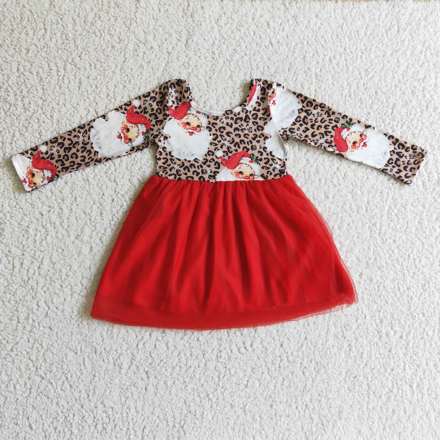 RTS NO MOQ GLD0132 Santa Claus Print Mesh Long Sleeve Dress