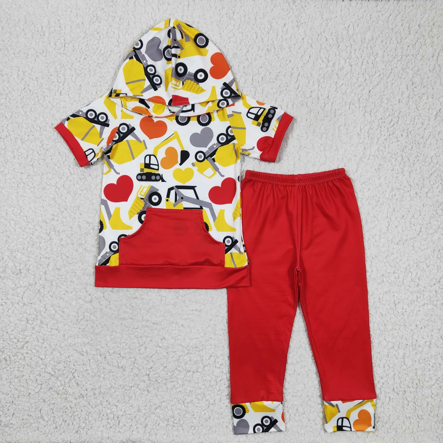 RTS NO MOQ ETA 5/7days Arrived BSPO0050 boys Valentine's Day outfit short sleeve and long pants with a hat engineering vehicle print