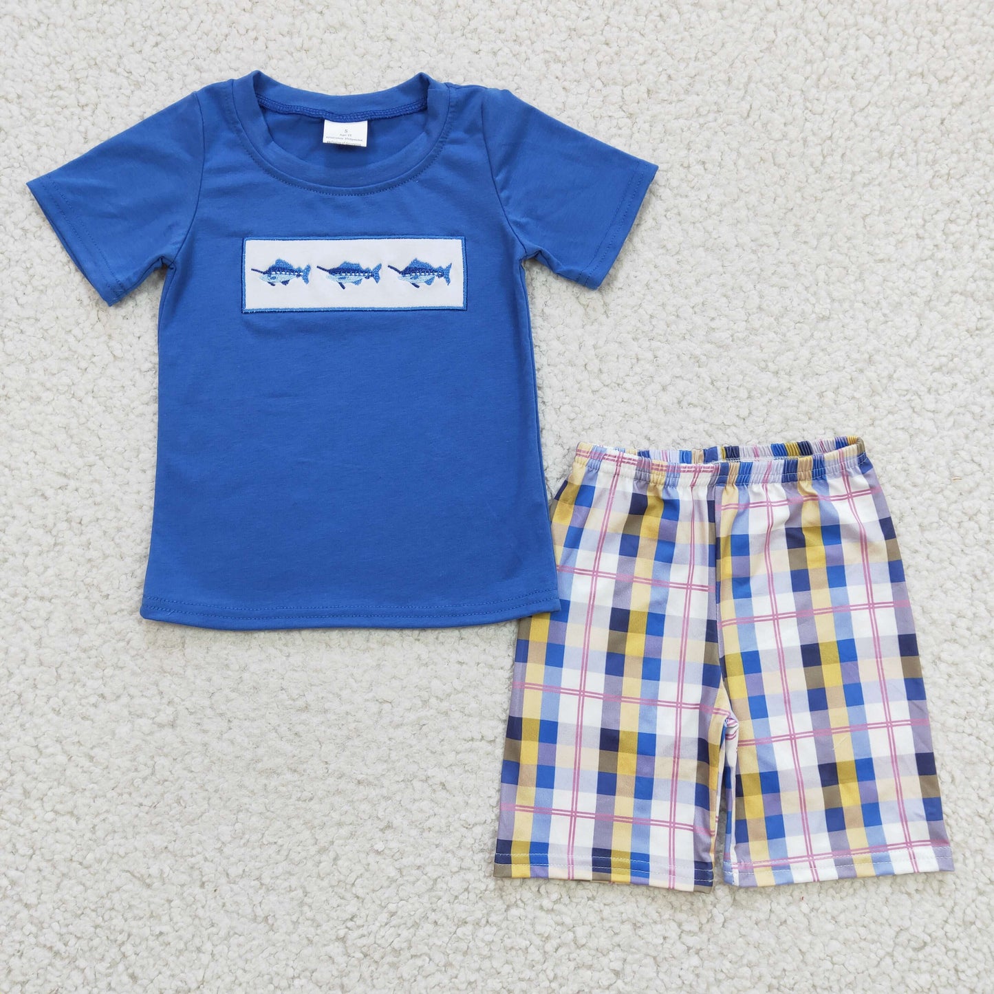 RTS NO MOQ BSSO0125 Boys Embroidered Shark Blue Short Sleeve Plaid Shorts Set