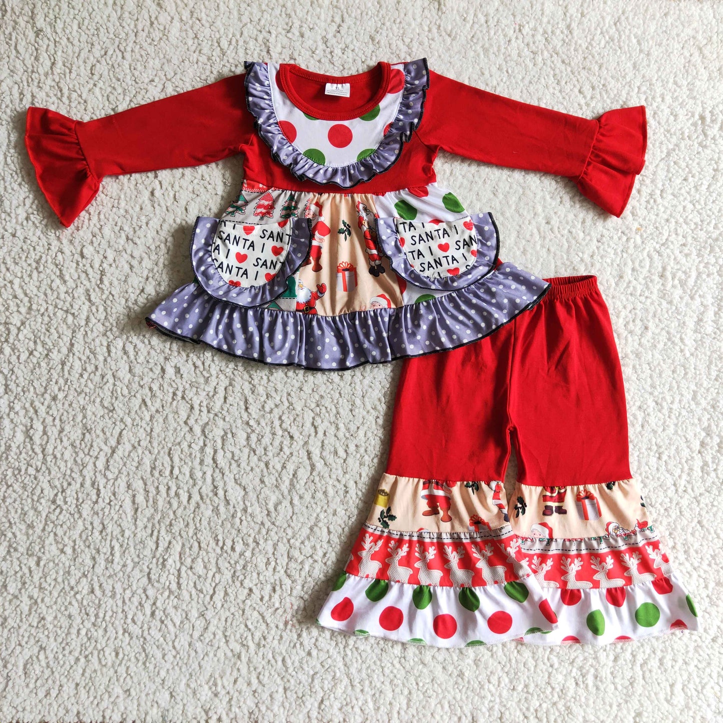 6A24-13 girls christmas outfit long sleeve and long pants Santa Claus print