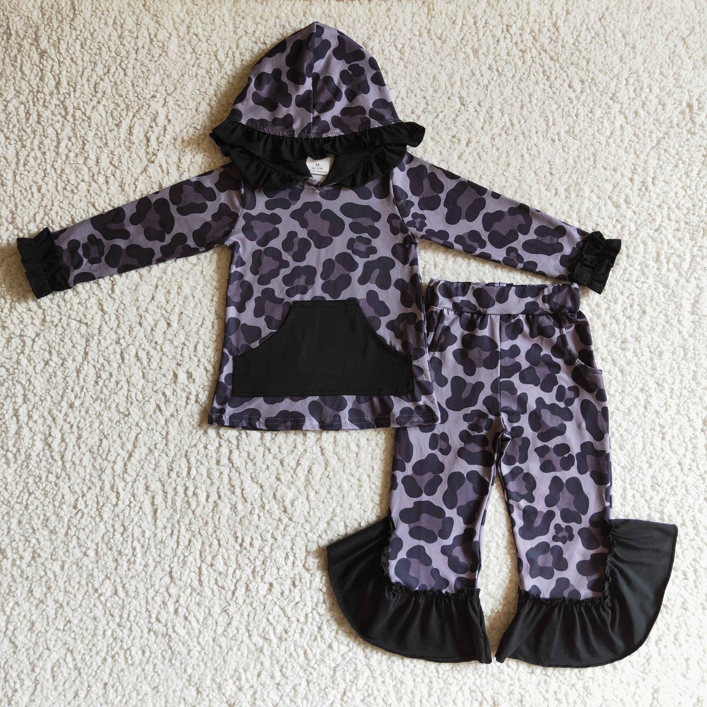 GLP0255 girls outfit long sleeve and long pants black Leopard print with a hat