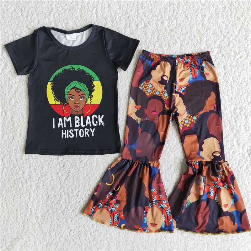 E11-27 BLACK black short-sleeve flared trousers set African America Black people