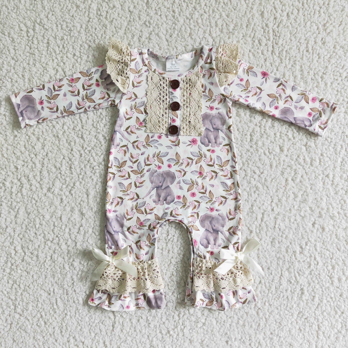 6 A1-26 Toddler Girls Cute Elephant Floral Print Long Sleeve Romper