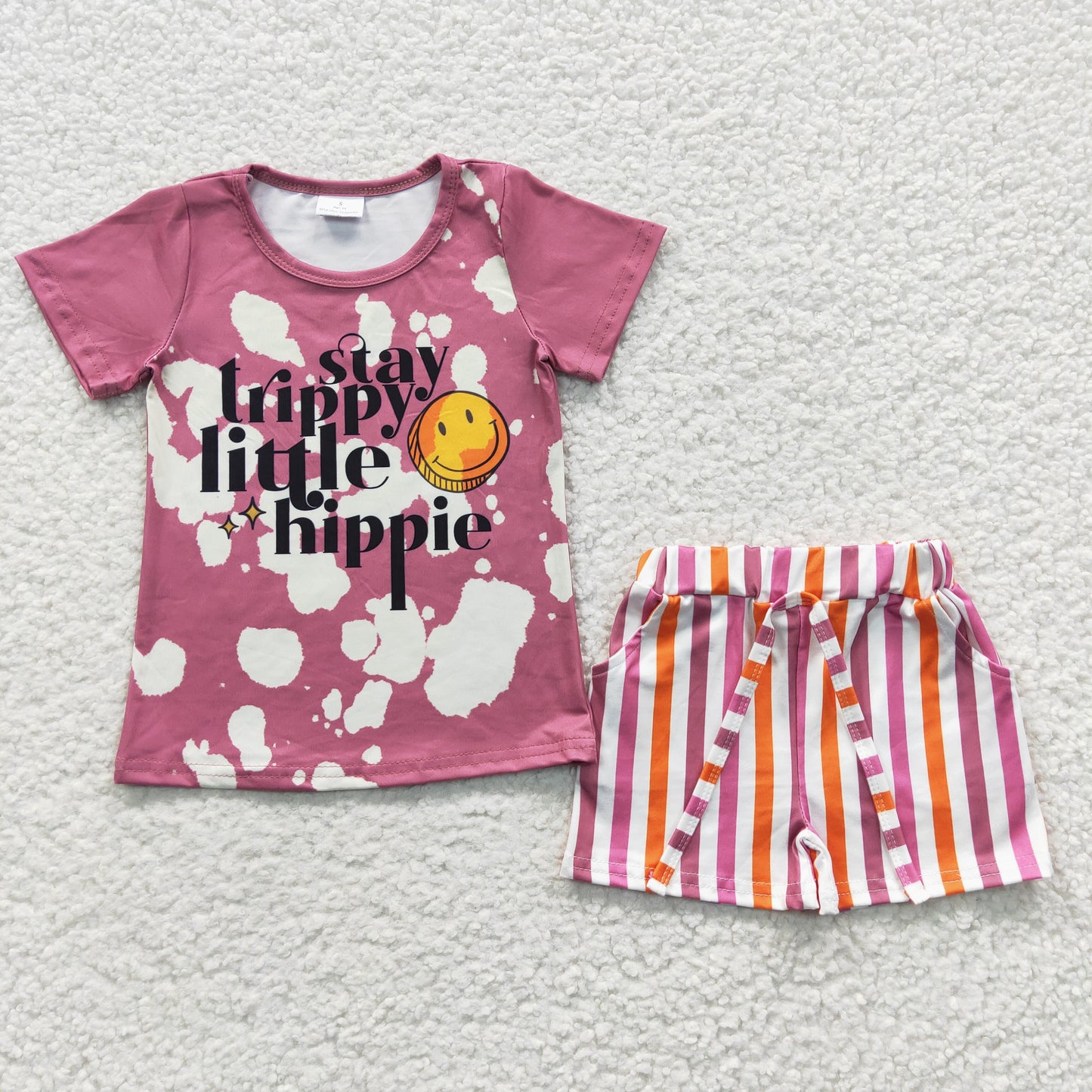 GSSO0314 stay smiley pink short-sleeved colorful striped shorts set