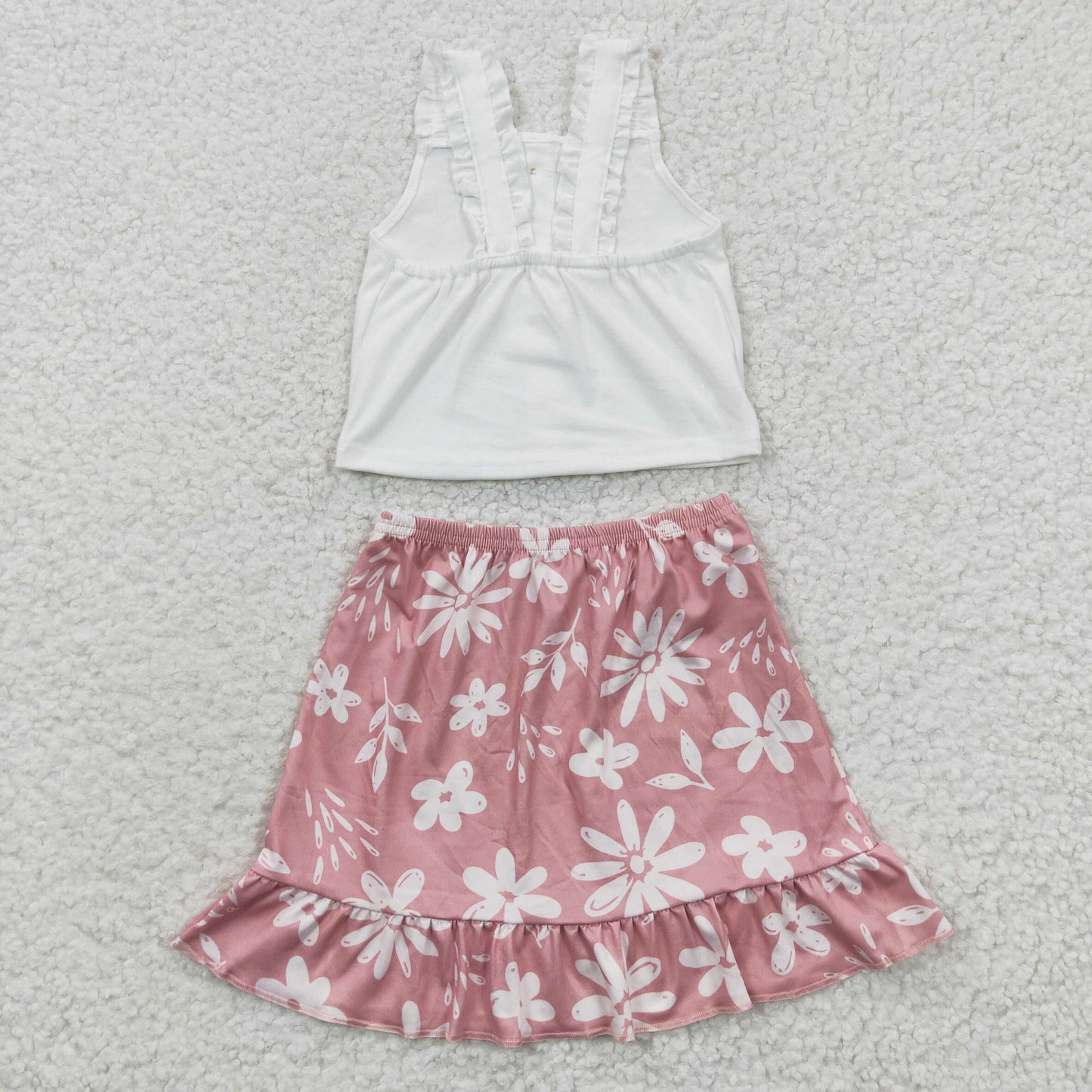RTS NO MOQ GSD0270 Girls White Vest Floral Pink Skirt Set